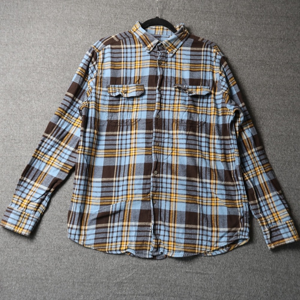 George Flannel Shirt Mens Large L Long Sleeve Plaid Yellow Blue Brown GM48Y103H